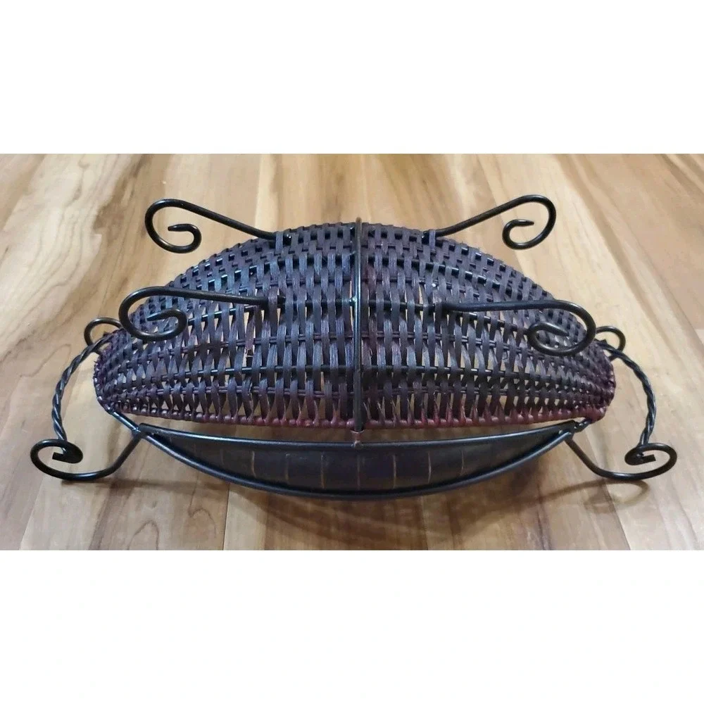 Vtg Mediterranean Style Wicker Metal Banana Basket Brown Black Oval Boho 17 inch